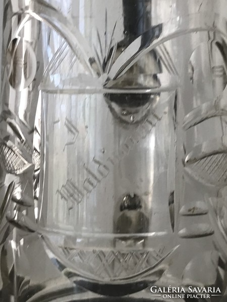 Antique peeled glass cup with tin fitting, 20 cm high