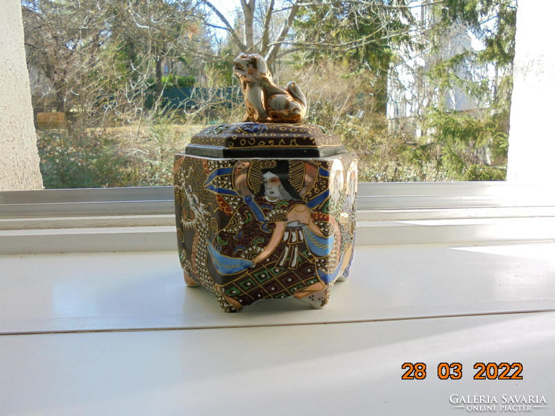 Satsuma moriage marked 6 square vases with cannon and rakan pattern with dragon, plastic foo dog
