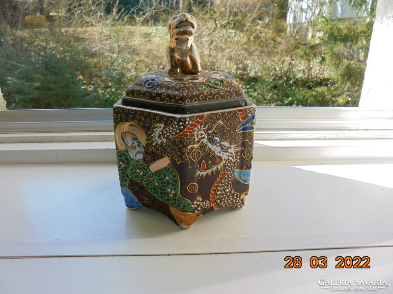 Satsuma moriage marked 6 square vases with cannon and rakan pattern with dragon, plastic foo dog
