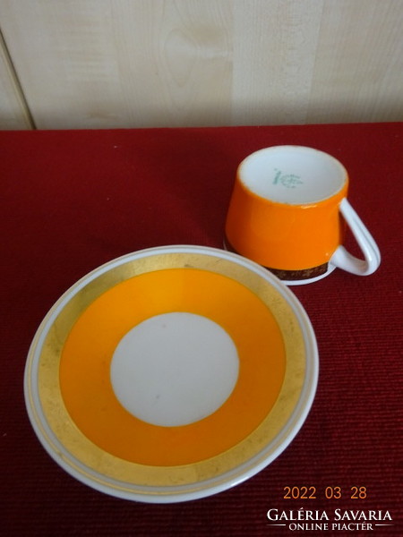 Hollóházi porcelán kávéscsésze + alátét narancssárga, arany szegélyes. Vanneki! Jókai.