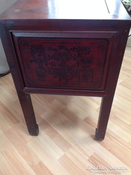 Antique Chinese five drawer wooden table with carved gilded drawer front