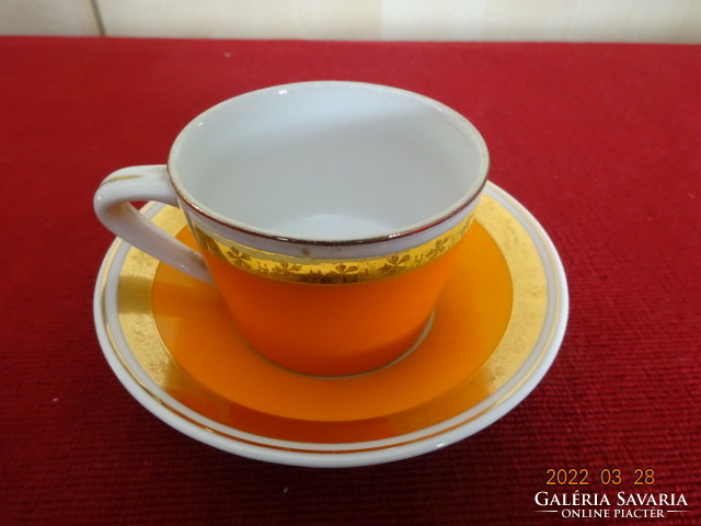 Hollóház porcelain coffee cup + placemat with orange and gold border. He has! Jókai.