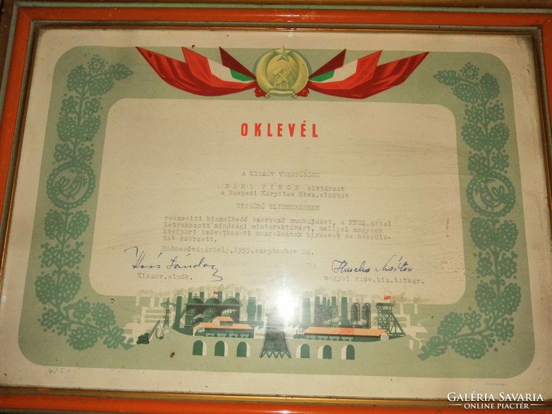 Oklevél Dicsérő elismerés Kárpitos Ktsz. 1955 üvegezett fa képkeret 26*36 cm