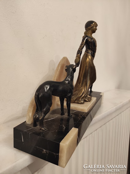 Antique Antique Art Deco Girl 2 Dog Spy Painted Statue on Heavy Marble Pedestal 878 5314