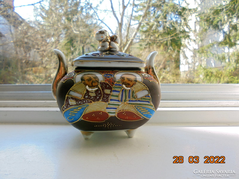 Antique 4 square marked satsuma moriage vase with kannon and rakan pattern, foo dog