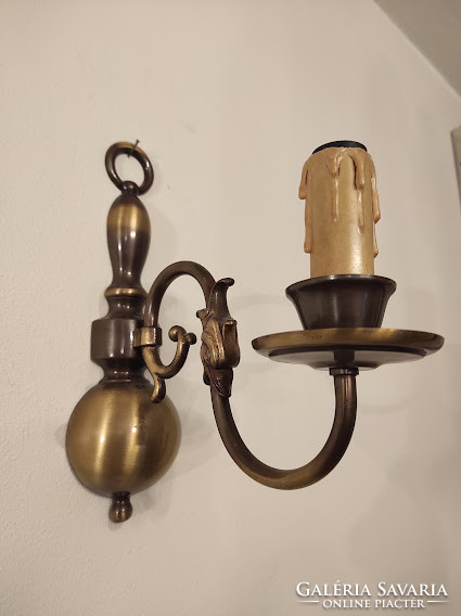 Antique 2 large patinated brass copper Flemish single arm wall brackets + 2 new decorative candles and 2 bulbs 876