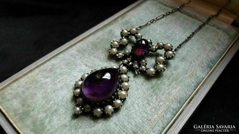 Art Nouveau silver collier with amethyst and seed pearls