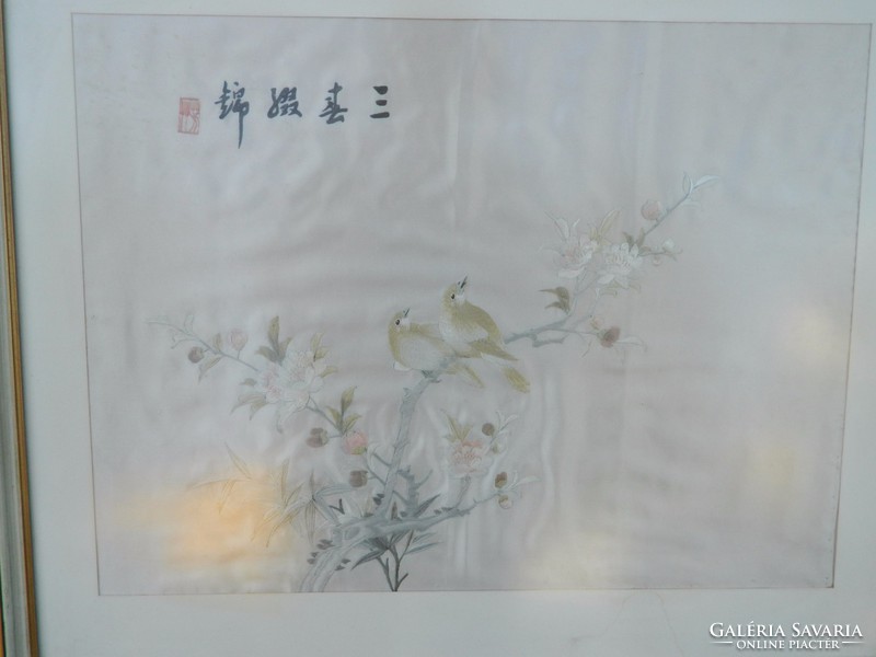 Wonderful antique oriental silk needlework mural - hand embroidered