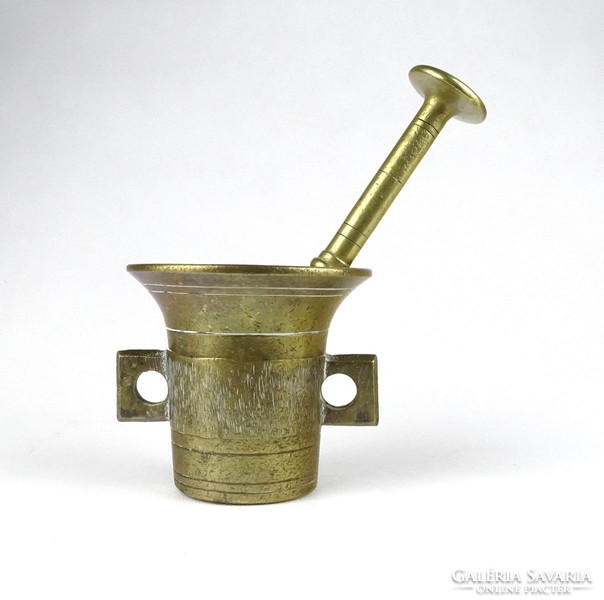 1I485 antique square brass mortar with pestle