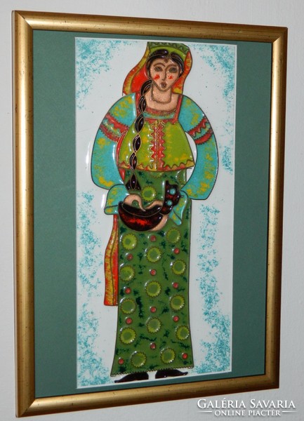 Fire enamel mural: woman in folk costume - compartment enamel technique