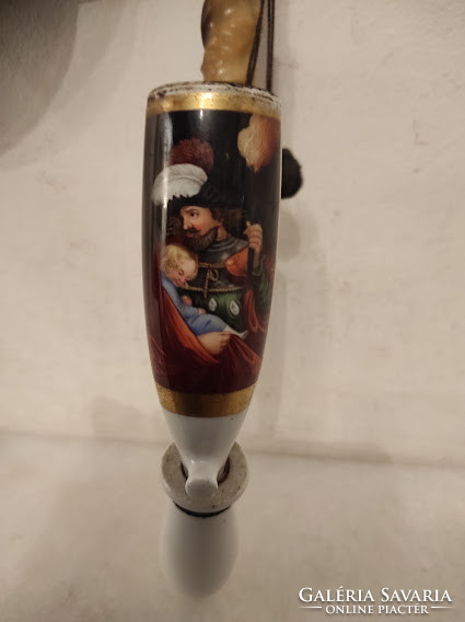 Antique painted porcelain pipe with bone stem Renaissance motif 927 5339