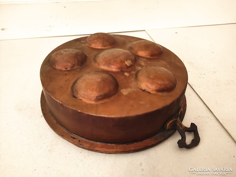 Antik patinás konyhai eszköz ónozott vörösréz tarkedli sütő öntött sárgaréz füllel 907 5335