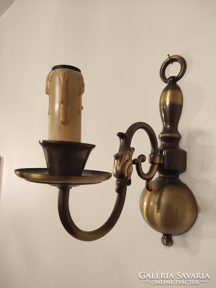 Antique 2 large patinated brass copper Flemish single arm wall brackets + 2 new decorative candles and 2 bulbs 876