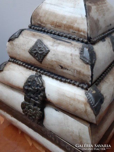 Antique pagoda-shaped jewelry / treasure bone box lined with black velvet