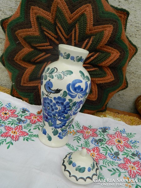 Hand painted large polish urn vase with bird - vase with lid