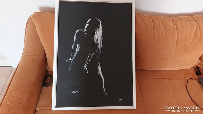 (K) Sejtelmes női akt festmény 74x54 cm kerettel