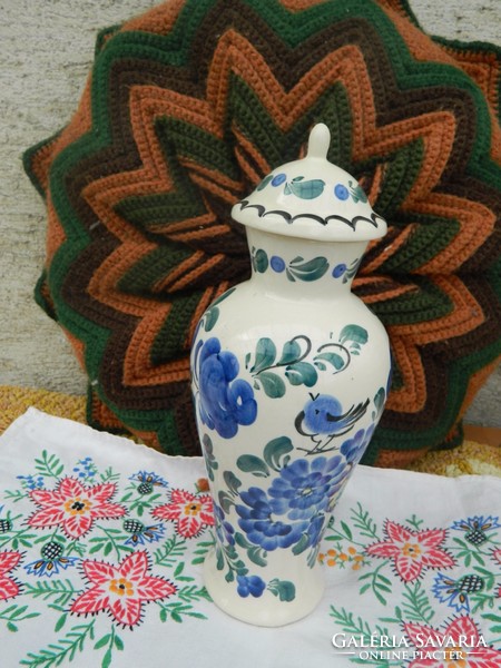 Hand painted large polish urn vase with bird - vase with lid