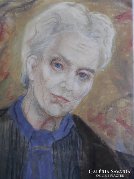 Klara Róna: portrait of an old lady, original marked pastel, 1957
