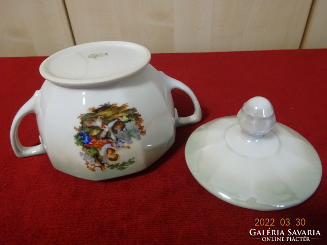 MC csehszlovák porcelán cukortartó, antik, jelenetet ábrázoló képpel. Vanneki! Jókai.