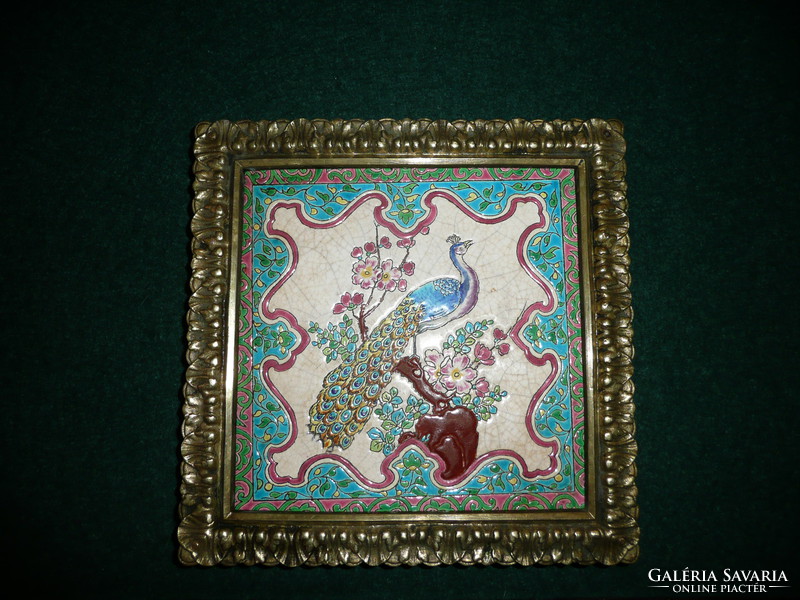 Gyönyörű antik szecessziós bronz asztalközép / tálca kézzel festett porcelán betéttel