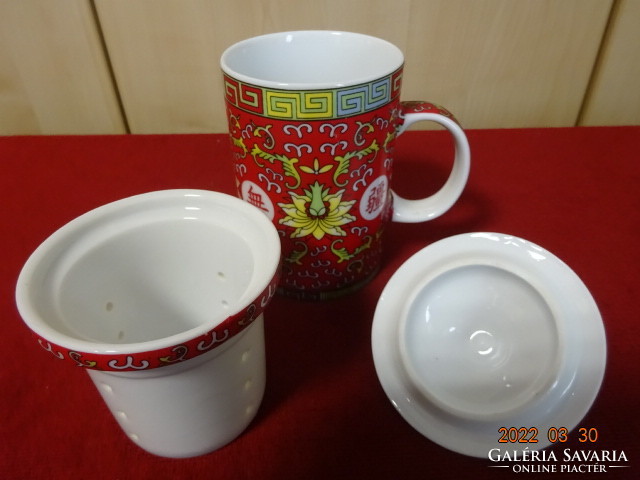 Kínai porcelán teafőző pohár szűrővel, magassága 15 cm. Vanneki! Jókai.