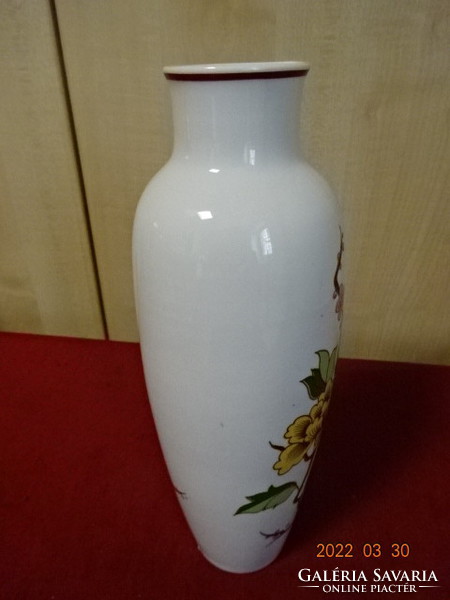 Hollóházi porcelán váza, sárga és rózsaszín virágos, magassága 26 cm. Vanneki! Jókai.