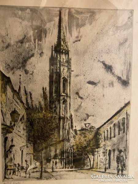 Lajos Nargor Varga: colorful etching of Matthias church