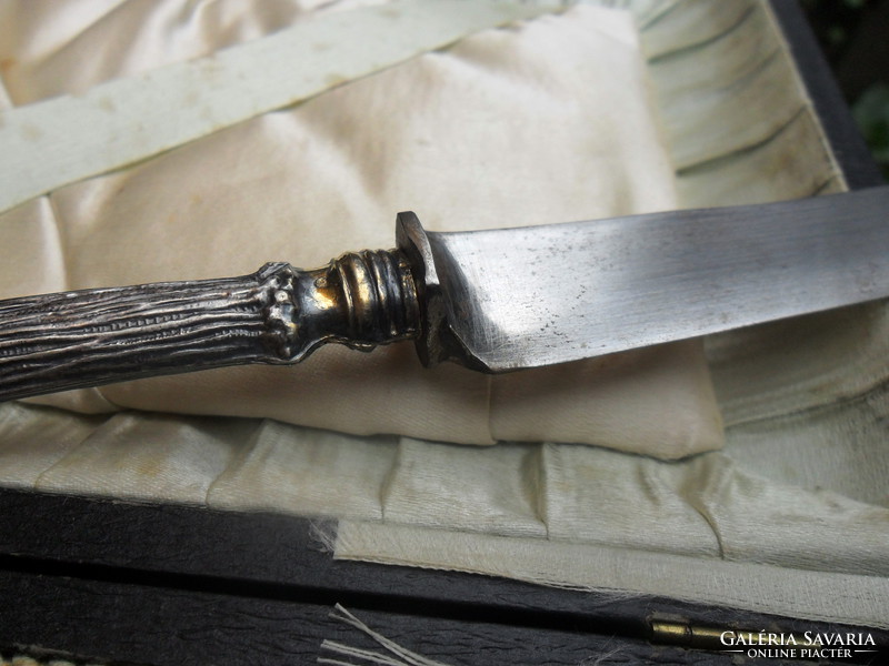 Antik ezüst agancsos nyelű  kés készlet eredeti dobozában