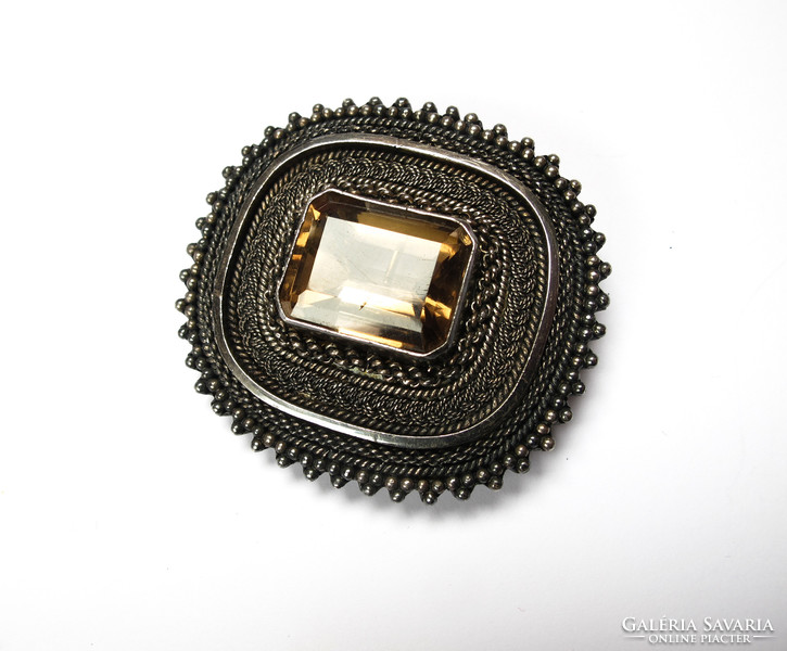 Israeli filigree silver pendant / brooch with large stone.