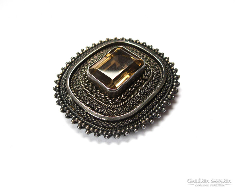 Israeli filigree silver pendant / brooch with large stone.