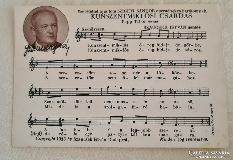 István Szaucsek music postcards with signature from 1935-1936 greeting card