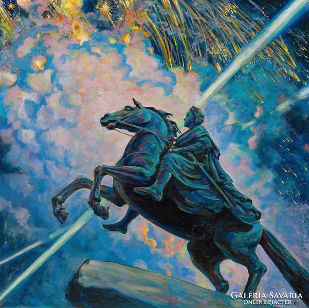 Boris kustodiev - fireworks, equestrian statue - reprint