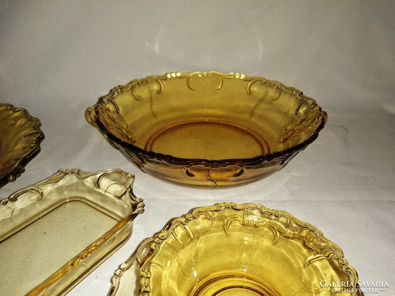 Amber yellow antique glass cookie, tea set serving, sugar bowl, small plate, cup, bowl