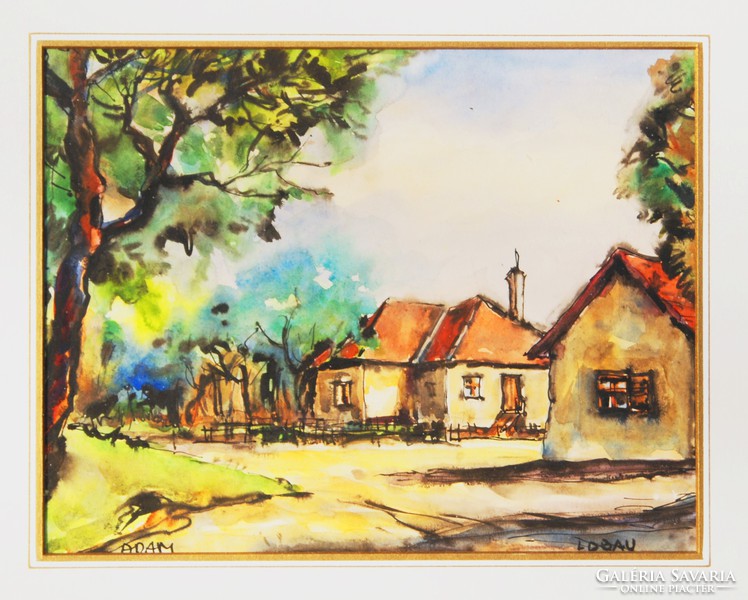 European artist (adam): street painting (lobau) - watercolor, framed