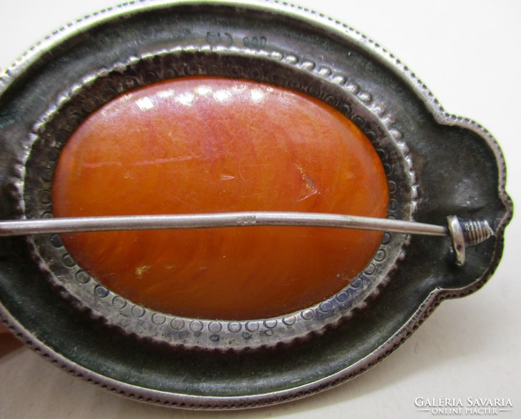 Wonderful antique silver brooch with large genuine amber