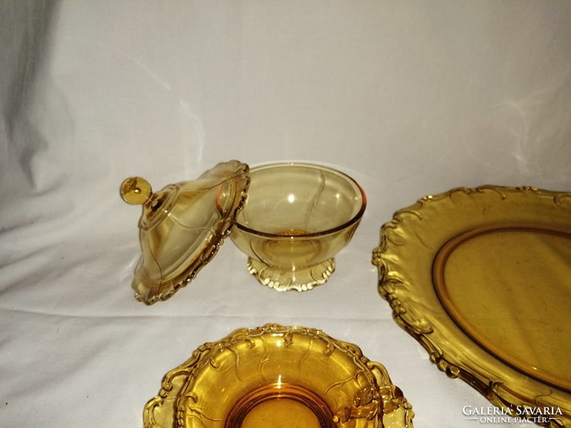 Amber yellow antique glass cookie, tea set serving, sugar bowl, small plate, cup, bowl