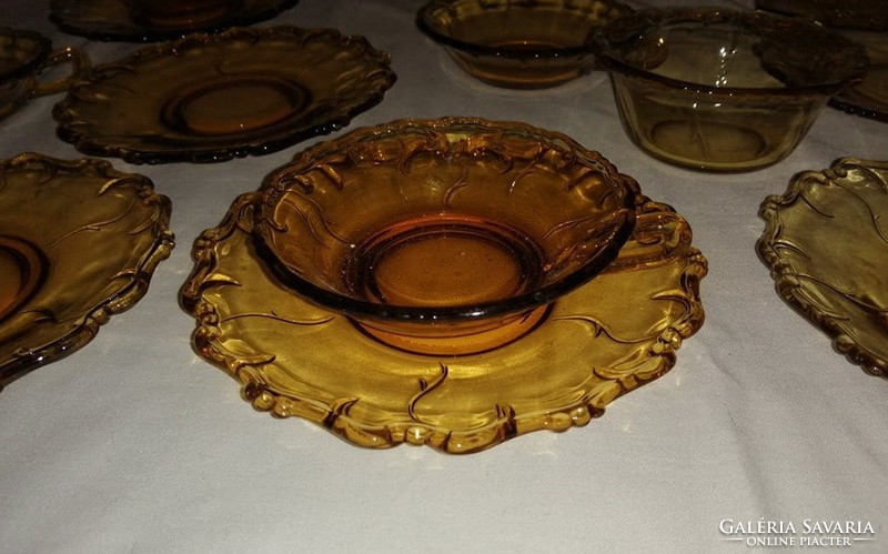 Amber yellow antique glass cookie, tea set serving, sugar bowl, small plate, cup, bowl