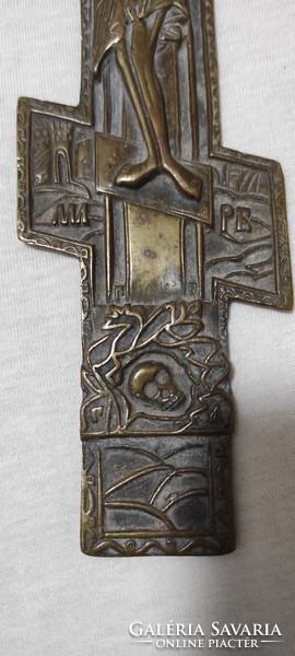Antik XIX.szàzad Bronz kereszt, feszület ikon Ortodox  Úti Ikon ,Jézus, Krisztus, Angyalok