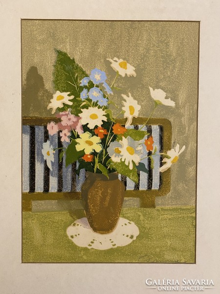 László Drimmer (1925-) - flower still life - colored linoleum engraving