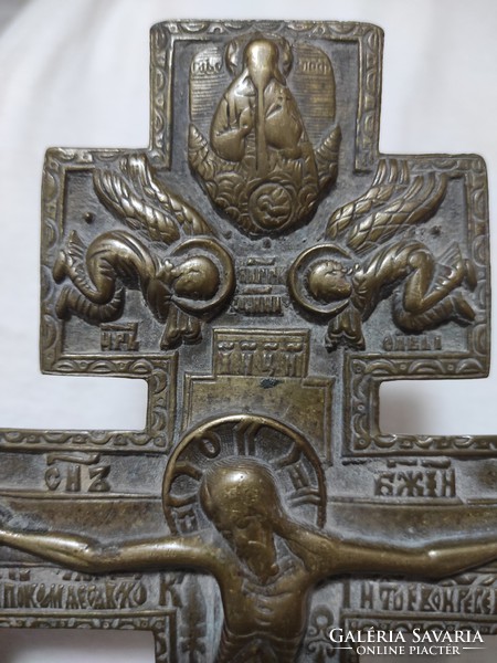 Antique xix. Century bronze cross, crucifix icon orthodox travel icon, jesus, christ, angels