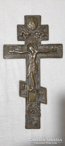 Antique xix. Century bronze cross, crucifix icon orthodox travel icon, jesus, christ, angels