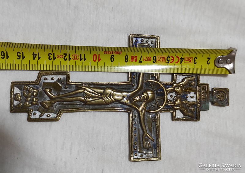 Antique xix. Century bronze cross, enamel crucifix icon orthodox travel icon, wall, jesus christ