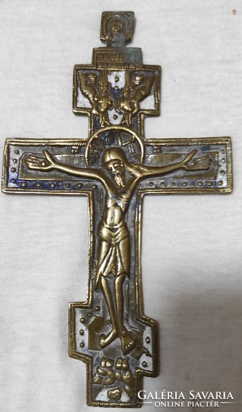 Antik XIX.szàzad Bronz kereszt, zomànc feszület ikon Ortodox  Úti Ikon ,fali , Jézus Krisztus