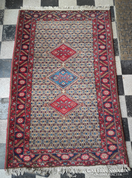 Red blue toned hand woven Iranian senneh knotted wool rug approx. 60 years old