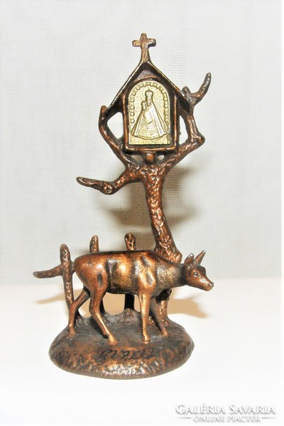 Bronze tin devotional cross with deer on the road