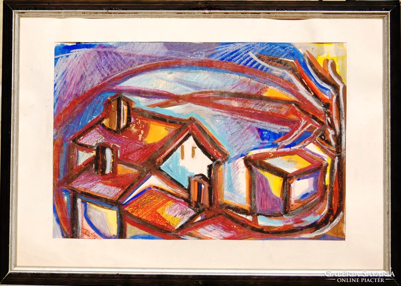 Tailor: house between the hills, 1976 - unique painting, framed
