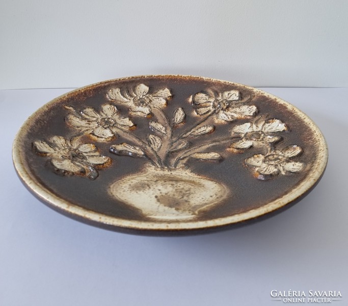 Vintage German ceramic wall bowl with decorative plate with plastic flower pattern-34 cm