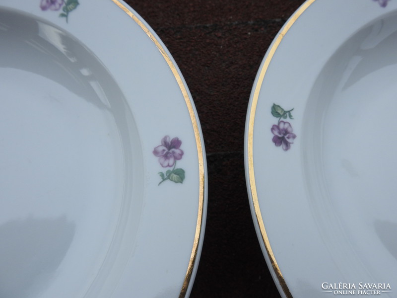 Old zsolnay golden-edged, violet-patterned plate set of 4 deep plates