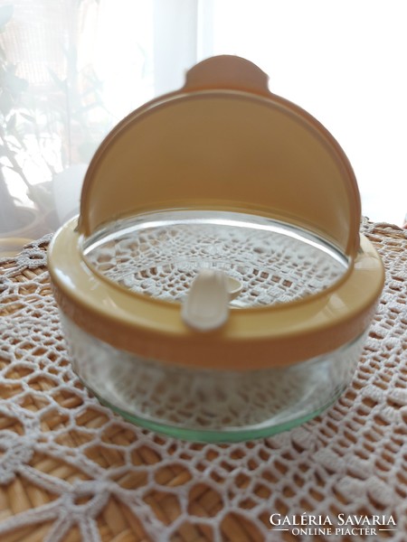 Old glass sugar bowl with opening lid, in the shape of a small spoon handle, in perfect condition