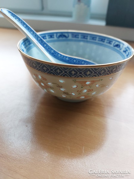 Rizsmintás, kék-fehér müzlis tálka - kínai porcelán